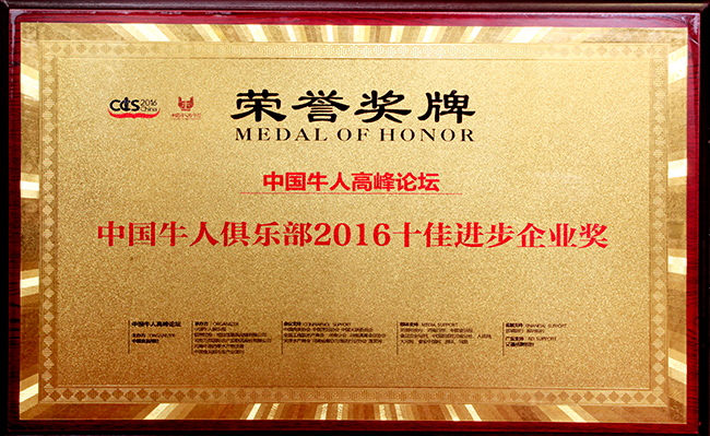 中国牛人俱乐部2016年十佳进步企业奖